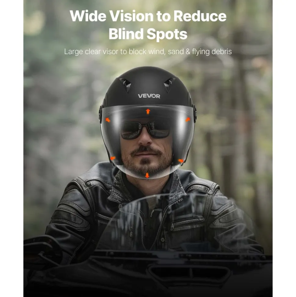 VEVOR Motorcycle Helmet, 3/4 Open Face, Adult Motocross Dirt Bike Helmet with Clear Visor, Comfortable Motorbike Racing Street with Detachable Liner for Men & Women, DOT Approved, (Matte Black, L)