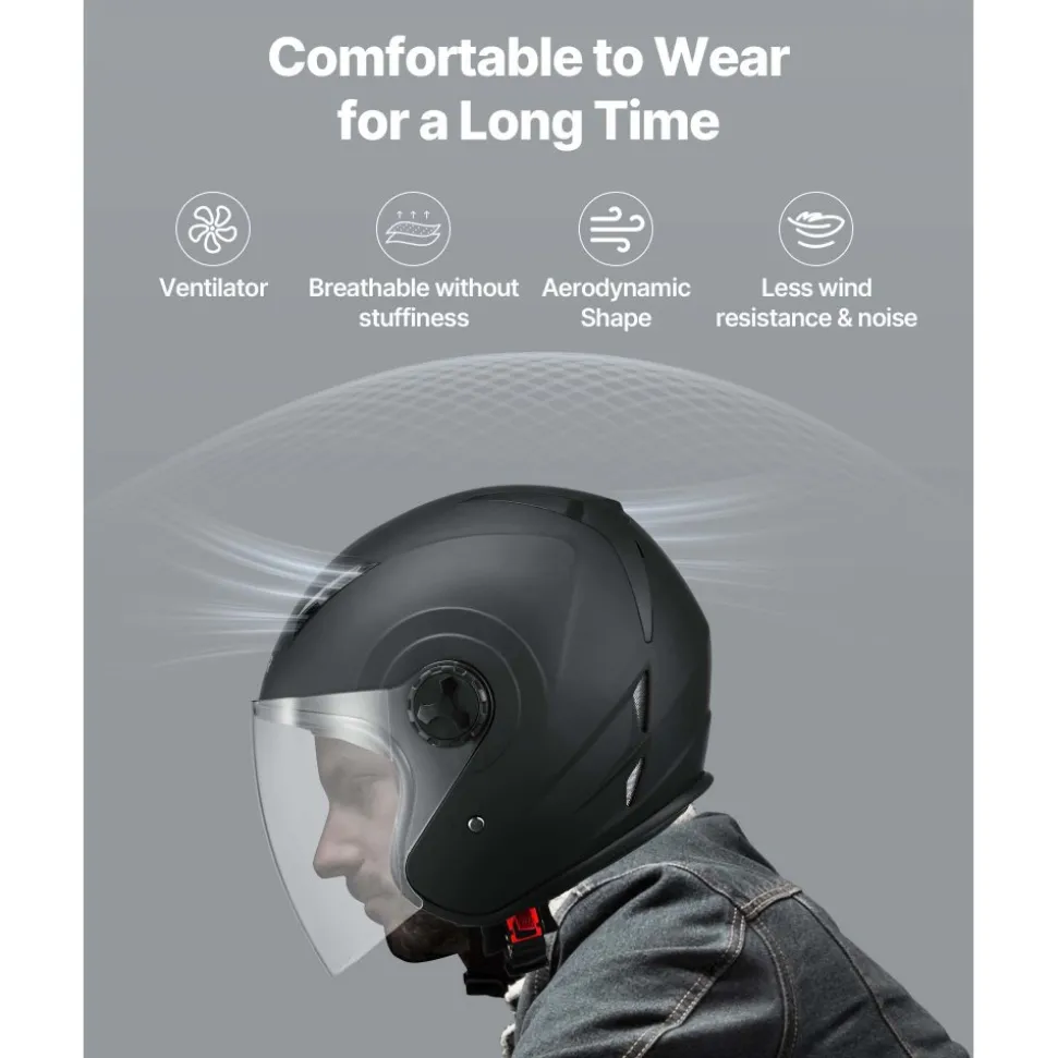 VEVOR Motorcycle Helmet, 3/4 Open Face, Adult Motocross Dirt Bike Helmet with Clear Visor, Comfortable Motorbike Racing Street with Detachable Liner for Men & Women, DOT Approved, (Matte Black, L)