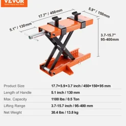 VEVOR Motorcycle Lift, 500 kg Motorcycle Center Scissor Lift Jack with Saddle & Safety Pin, Steel Motorcycle Jack Hoist Stand for Street Bikes, Cruiser Bikes, Touring Motorcycles