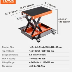 VEVOR Motorcycle Lift, 1100 LBS Motorcycle Lift ATV Scissor Lift Jack with Dolly & Hand Crank, Center Hoist Crank Stand with Wide Deck & Tool Tray for Street Bikes, Cruiser Bikes, Touring Motorcycles