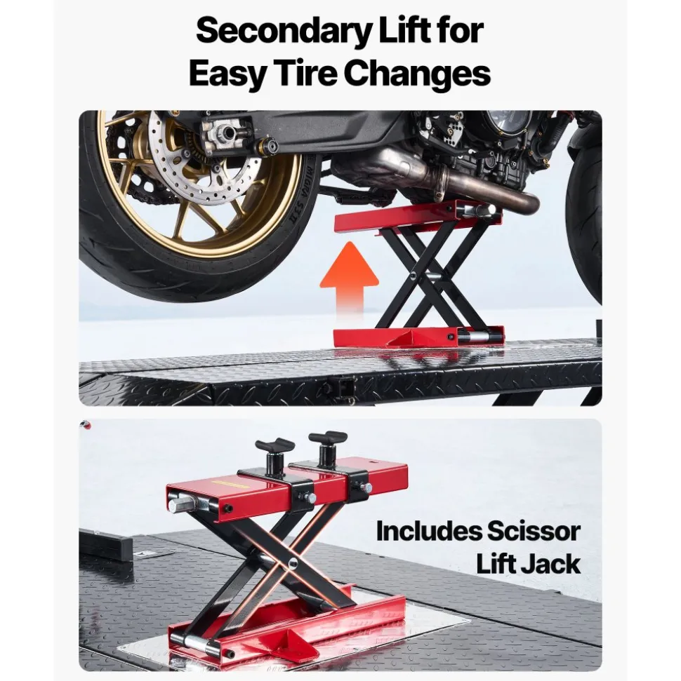 VEVOR Motorcycle Lift Table, 1500 lbs Capacity, Electric Hydraulic Pump with Scissor Lift Jack, Wheel Chock, 9.05"-41.73" Height, 78.3" x 50.4" Extra-Wide Heavy Duty Repair Stand for ATV, Dirt Bike