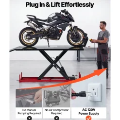 VEVOR Motorcycle Lift Table, 1500 lbs Capacity, Electric Hydraulic Pump with Scissor Lift Jack, Wheel Chock, 9.05