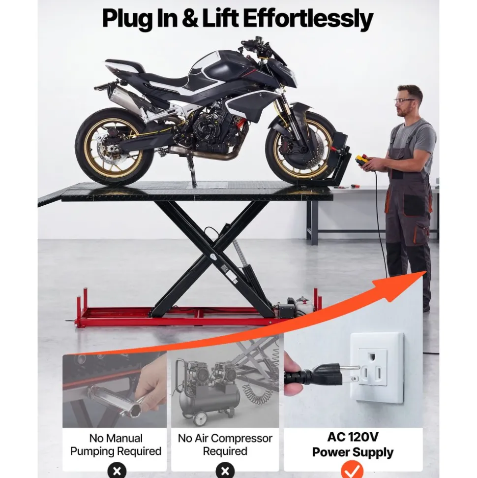 VEVOR Motorcycle Lift Table, 1500 lbs Capacity, Electric Hydraulic Pump with Scissor Lift Jack, Wheel Chock, 9.05"-41.73" Height, 78.3" x 50.4" Extra-Wide Heavy Duty Repair Stand for ATV, Dirt Bike
