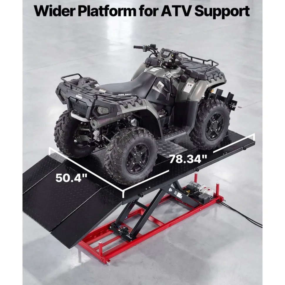 VEVOR Motorcycle Lift Table, 1500 lbs Capacity, Electric Hydraulic Pump with Scissor Lift Jack, Wheel Chock, 9.05"-41.73" Height, 78.3" x 50.4" Extra-Wide Heavy Duty Repair Stand for ATV, Dirt Bike