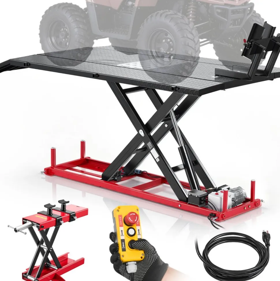 VEVOR Motorcycle Lift Table, 1500 lbs Capacity, Electric Hydraulic Pump with Scissor Lift Jack, Wheel Chock, 9.05"-41.73" Height, 78.3" x 50.4" Extra-Wide Heavy Duty Repair Stand for ATV, Dirt Bike