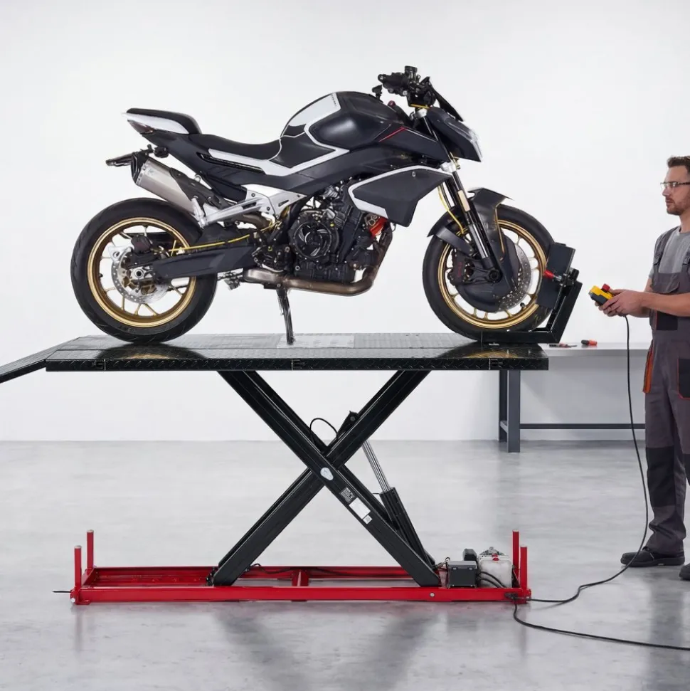 VEVOR Motorcycle Lift Table, 1500 lbs Capacity, Electric Hydraulic Pump with Scissor Lift Jack, Wheel Chock, 9.05"-41.73" Height, 78.3" x 50.4" Extra-Wide Heavy Duty Repair Stand for ATV, Dirt Bike