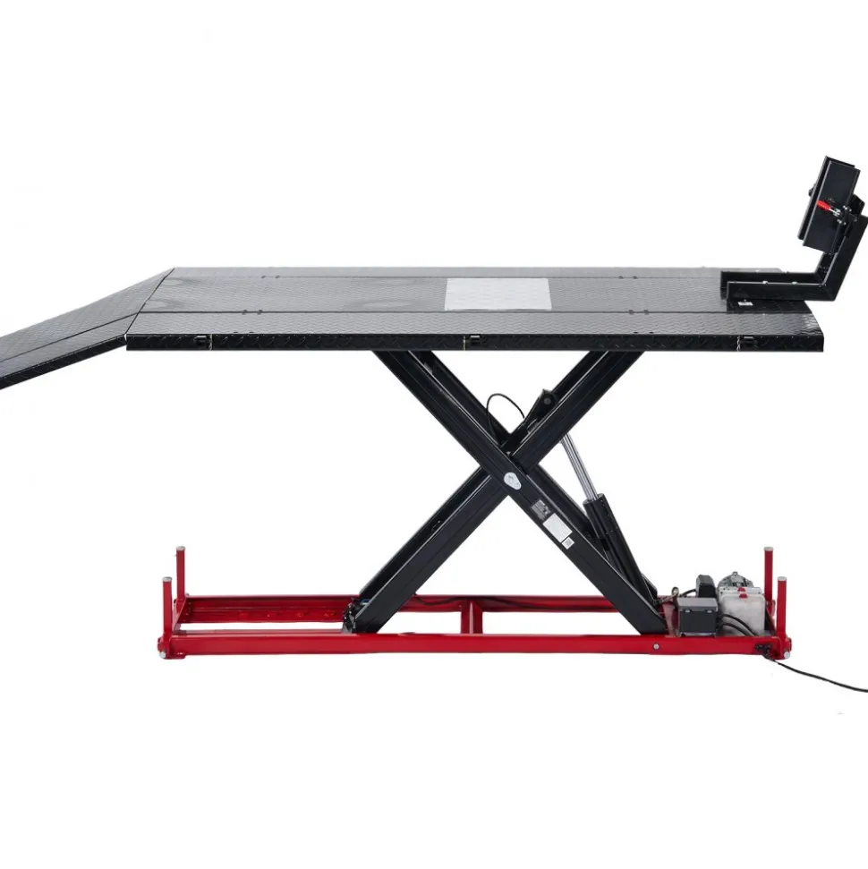 VEVOR Motorcycle Lift Table, 1500 lbs Capacity, Electric Hydraulic Pump with Scissor Lift Jack, Wheel Chock, 9.05"-41.73" Height, 78.3" x 50.4" Extra-Wide Heavy Duty Repair Stand for ATV, Dirt Bike