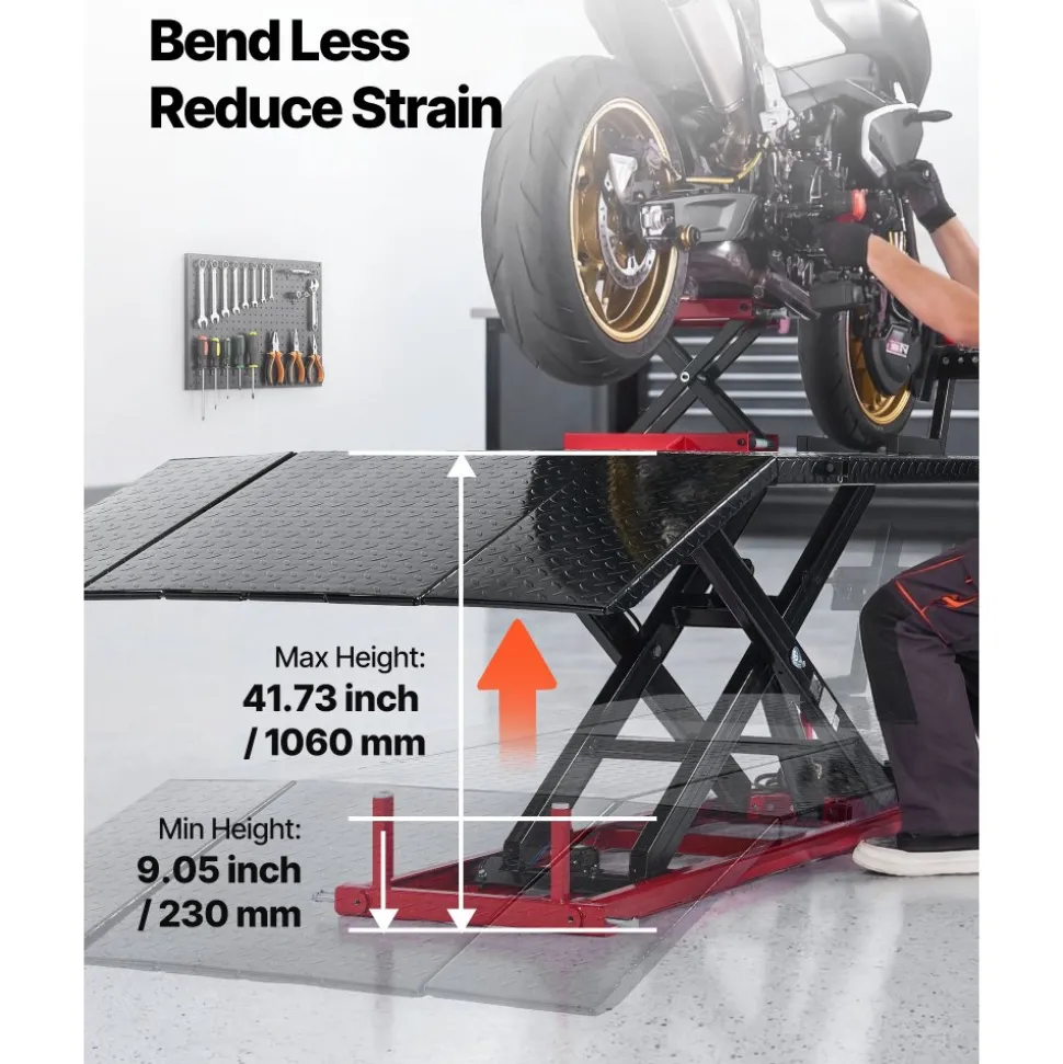 VEVOR Motorcycle Lift Table, 1500 lbs Capacity, Electric Hydraulic Pump with Scissor Lift Jack, Wheel Chock, 9.05"-41.73" Height, 78.3" x 50.4" Extra-Wide Heavy Duty Repair Stand for ATV, Dirt Bike