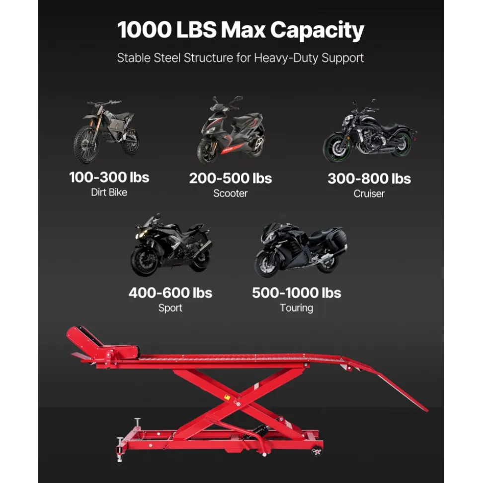 VEVOR Motorcycle Lift Table, 1000lbs Weight Capacity, 360° Flexible Moving Motorcycle Jack Stand, 8.6-31 in Height Range, Heavy Duty Bike Repair Stand with Security Lock for ATVs, Dirt Bike