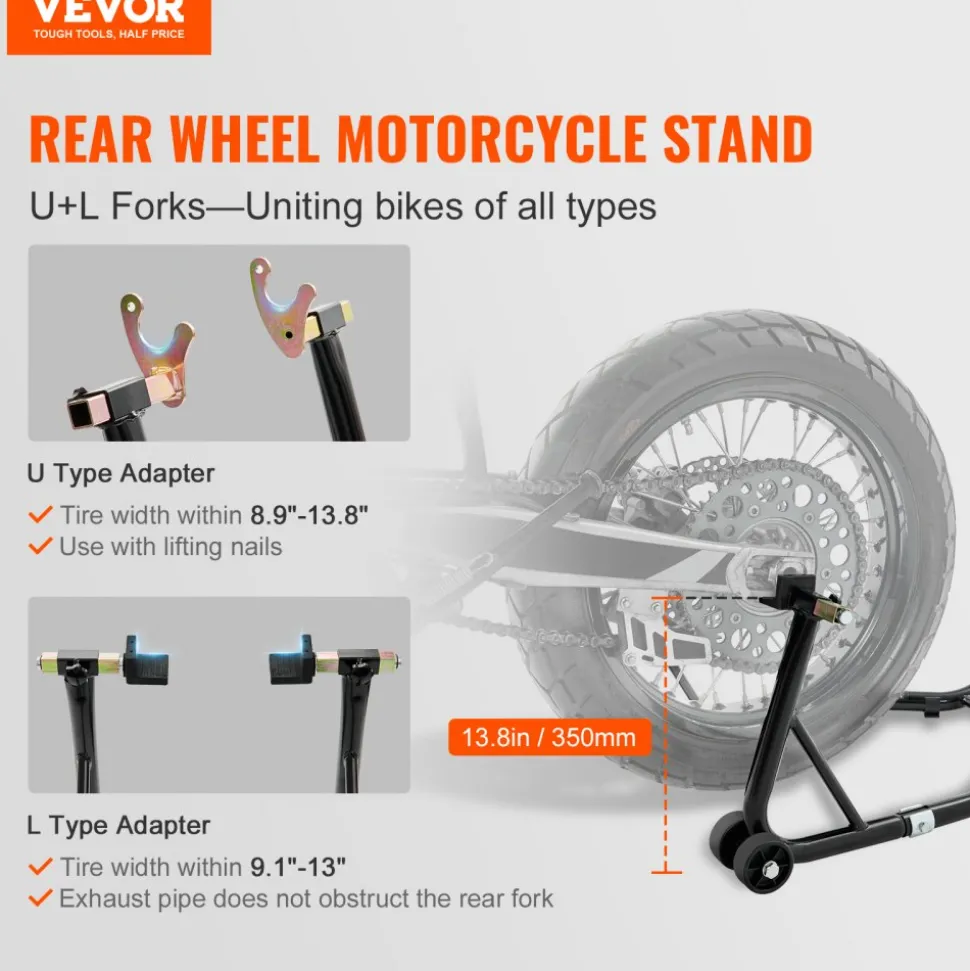 VEVOR Motorcycle Rear Wheel Stand, with U + L Fork Swingarm Spool, 850 lbs Capacity Heavy Duty Rear Wheel Stand Motorcycle Lift Jack Stand, for Suzuki Yamaha Honda Kawasaki, Black