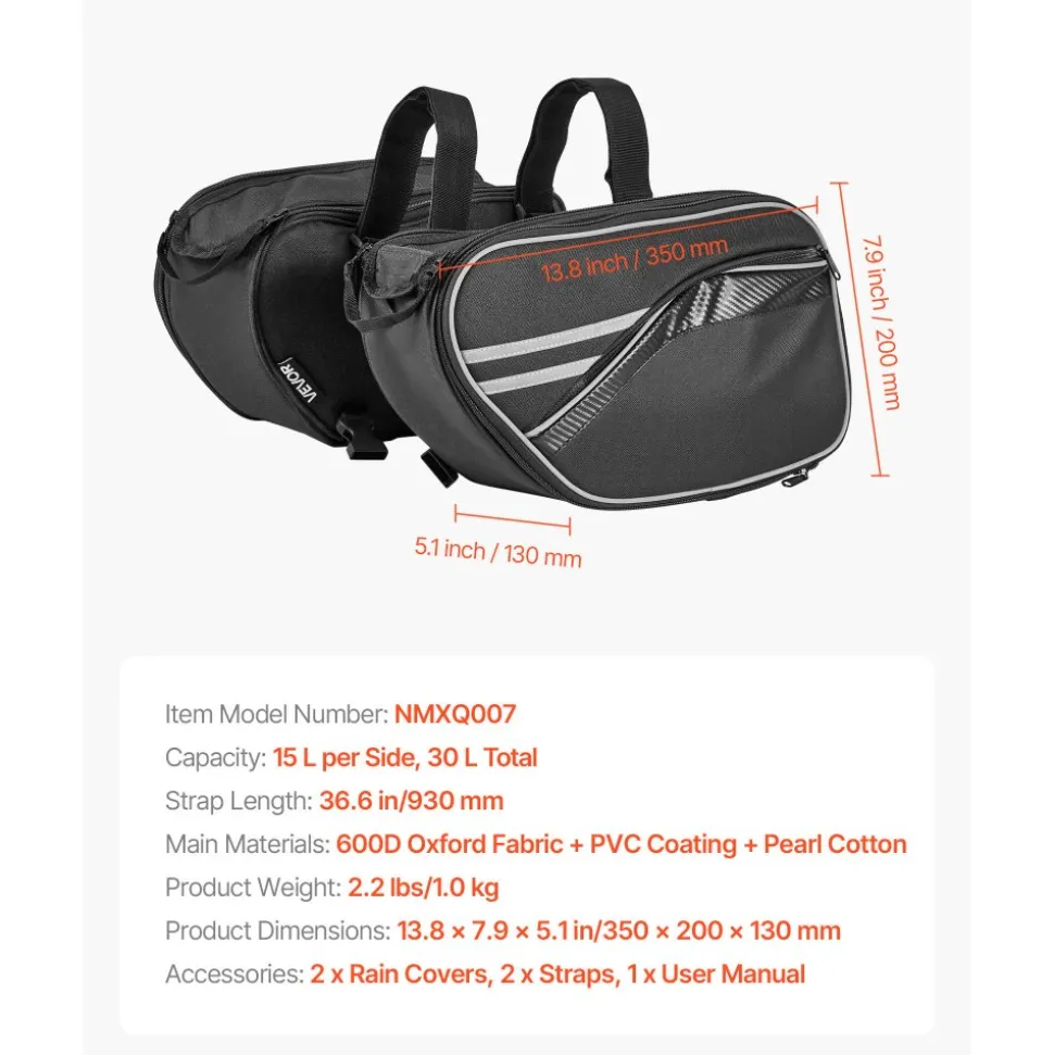 VEVOR Motorcycle Saddlebag, 30 L (15 L x 2) Large Capacity Side Saddle Bag with Waterproof Rain Cover and Straps, Compatible with Most Motorcycles, Outdoor Sports Motorbike Luggage Storage Bag, Black