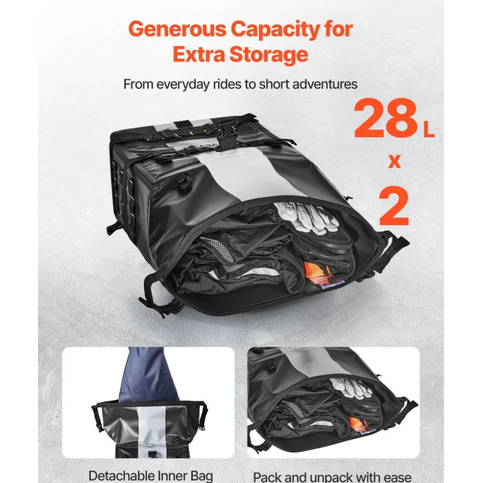 VEVOR Motorcycle Saddlebag, 56 L (28 L x 2) Large Capacity Side Saddle Bag Compatible with Most Motorcycles, Waterproof Fabric Outdoor Sports Motorbike Luggage Storage with Detachable Inner Bag, Black