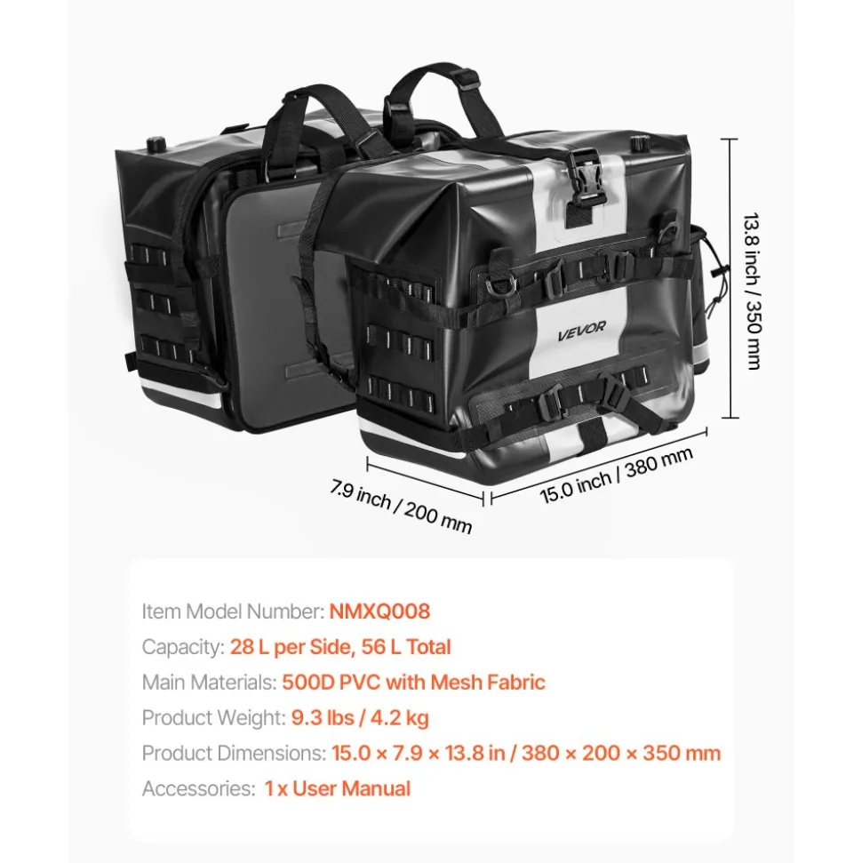 VEVOR Motorcycle Saddlebag, 56 L (28 L x 2) Large Capacity Side Saddle Bag Compatible with Most Motorcycles, Waterproof Fabric Outdoor Sports Motorbike Luggage Storage with Detachable Inner Bag, Black
