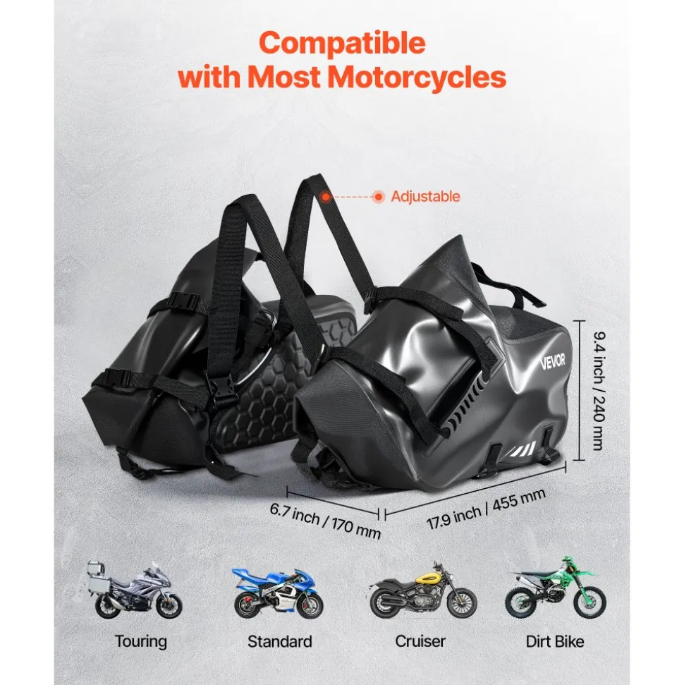 VEVOR Motorcycle Saddlebags, 28 L (14 L x 2) Large Capacity Side Saddle Bags Compatible with Most Motorcycles, Waterproof Outdoor Sports Motorbike Luggage Storage Shoulder Bag with Bottom Strap, Black