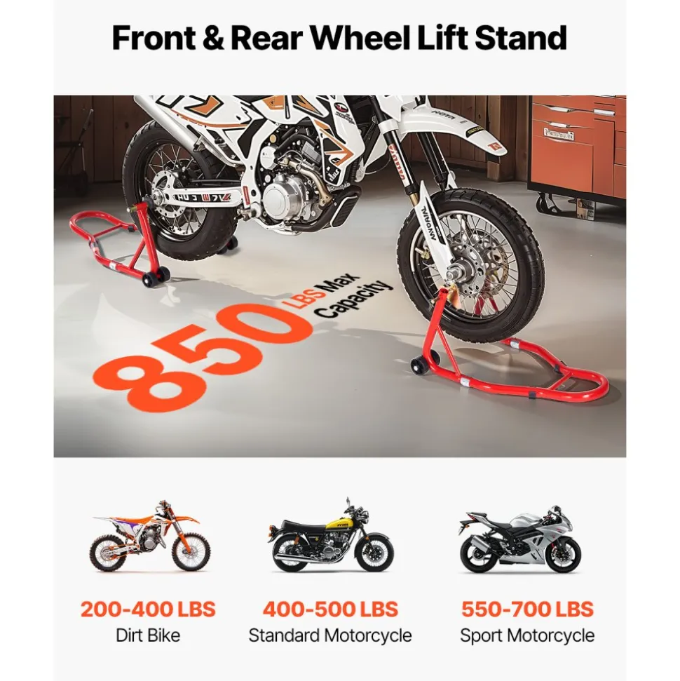 VEVOR Motorcycle Stand Lift, 850lbs Capacity Front Rear Combo Stand Lift, Front Wheel Dual-Fork Stand, Rear U+L Fork Swingarm Spool Stand, for Most Yamaha Honda Kawasaki Suzuki Motorcycles, Red