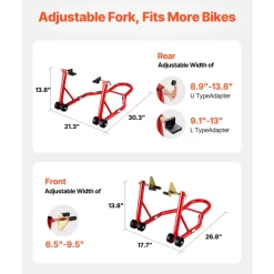 VEVOR Motorcycle Stand Lift, 850lbs Capacity Front Rear Combo Stand Lift, Front Wheel Dual-Fork Stand, Rear U+L Fork Swingarm Spool Stand, for Most Yamaha Honda Kawasaki Suzuki Motorcycles, Red