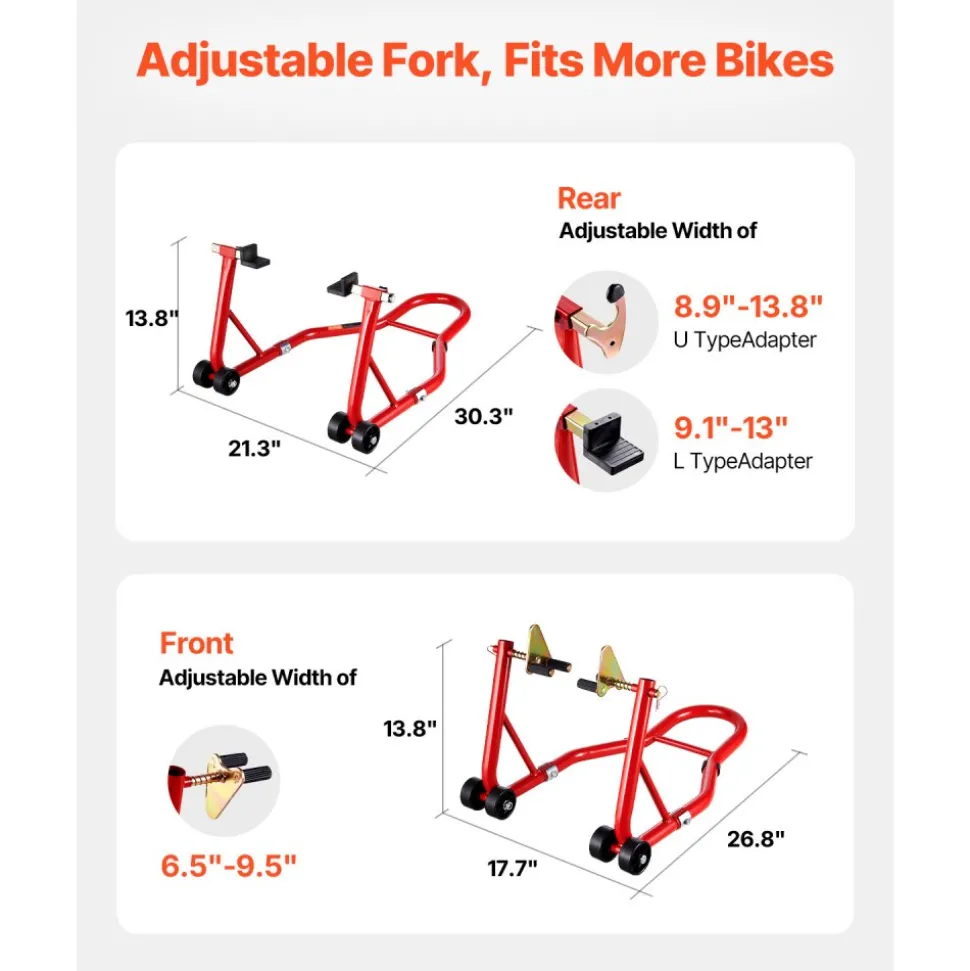 VEVOR Motorcycle Stand Lift, 850lbs Capacity Front Rear Combo Stand Lift, Front Wheel Dual-Fork Stand, Rear U+L Fork Swingarm Spool Stand, for Most Yamaha Honda Kawasaki Suzuki Motorcycles, Red