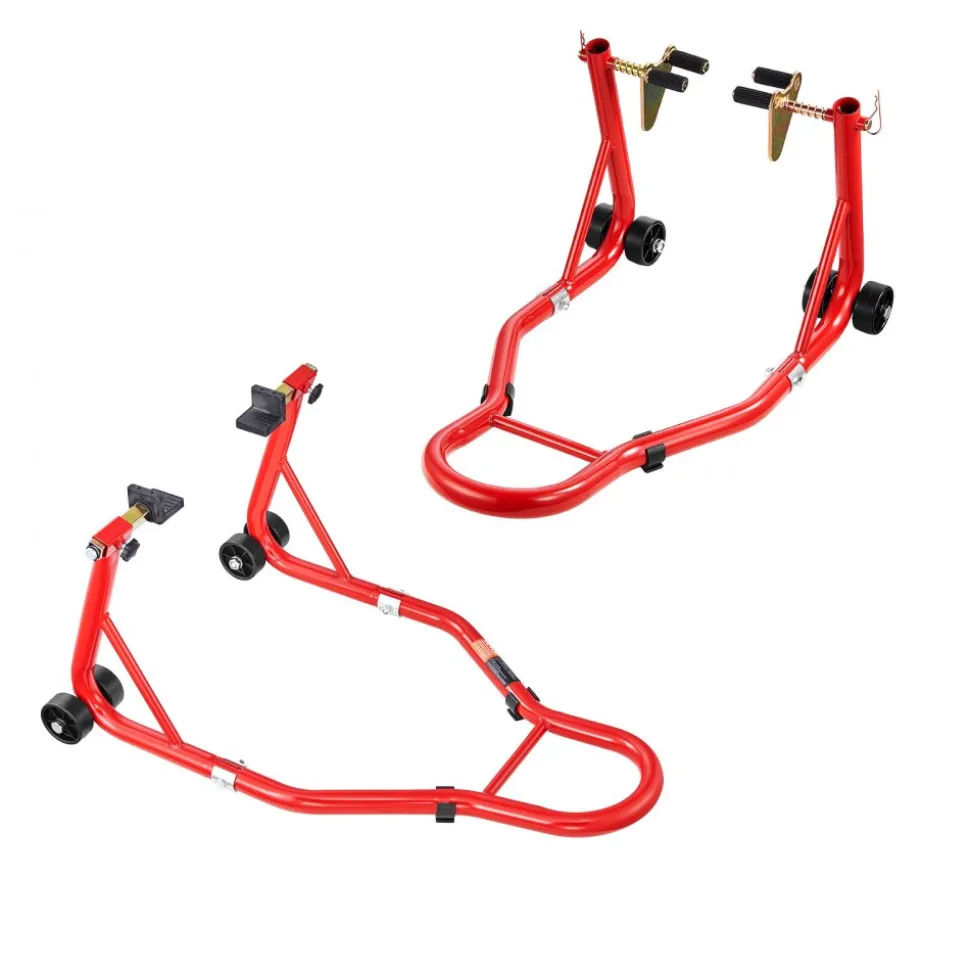 VEVOR Motorcycle Stand Lift, 850lbs Capacity Front Rear Combo Stand Lift, Front Wheel Dual-Fork Stand, Rear U+L Fork Swingarm Spool Stand, for Most Yamaha Honda Kawasaki Suzuki Motorcycles, Red