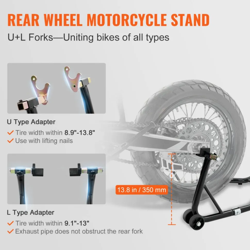 VEVOR Motorcycle Stand Lift, 850lbs Front Rear Combo Stand Lift Stand, Front and Rear Wheel Fork Stand, U+L Fork Swingarm Spool, Compatible with Most Yamaha Honda Kawasaki Suzuki Motorcycles, Black