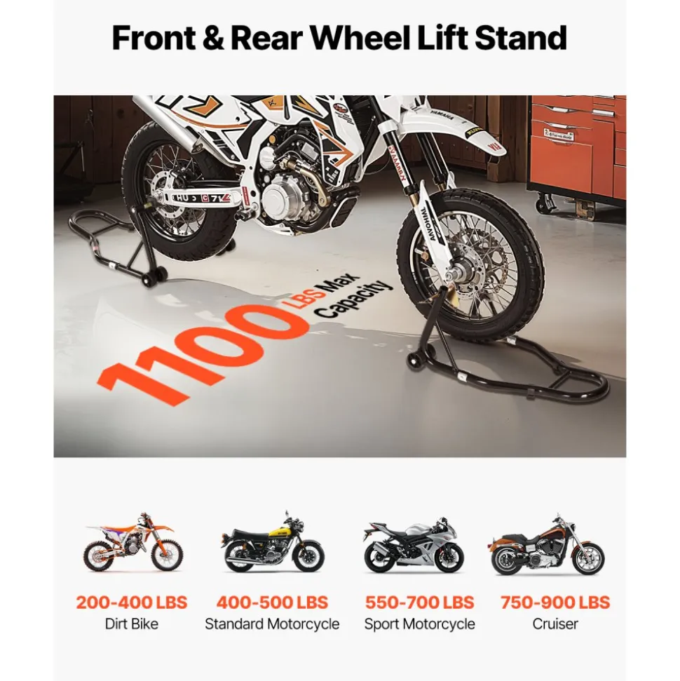 VEVOR Motorcycle Stand Lift, 1100lbs Capacity Front Rear Combo Stand Lift, Front Wheel Dual-Fork Stand, Rear U+L Fork Swingarm Spool Stand, for Most Yamaha Honda Kawasaki Suzuki Motorcycles, Black