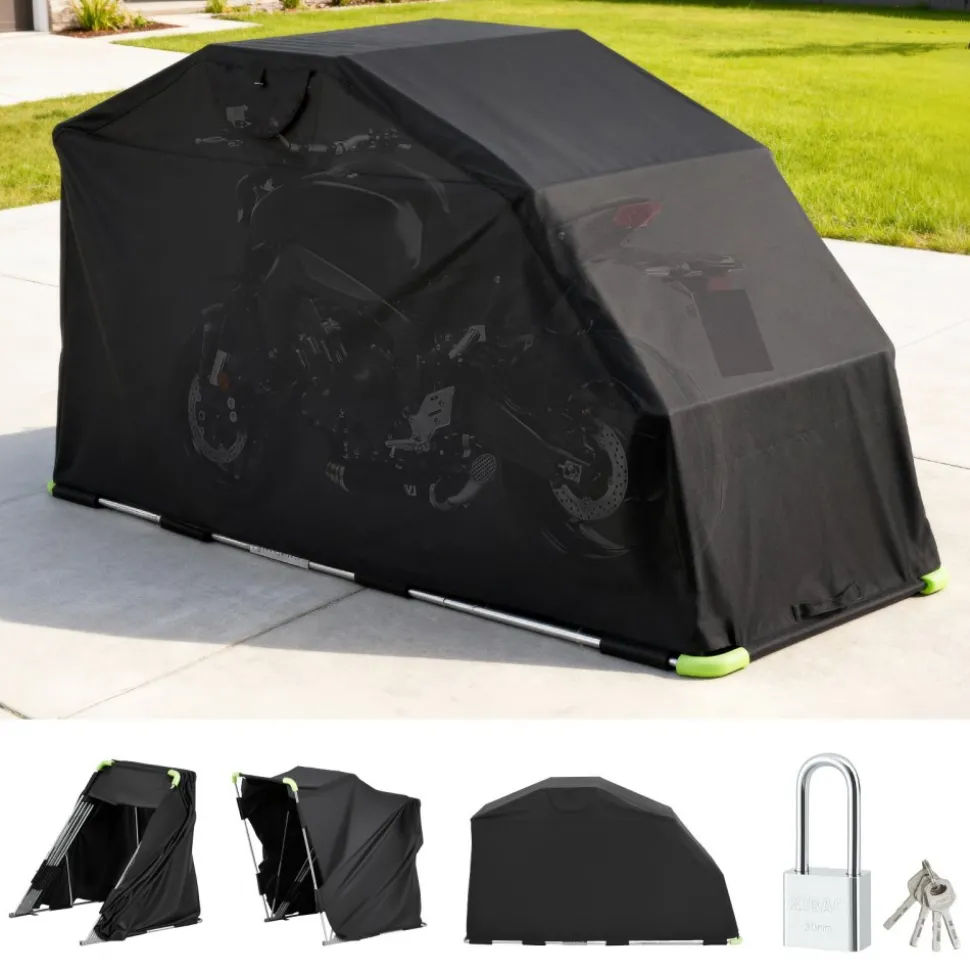VEVOR Motorcycle Storage Shelter with Security Lock, 600D Oxford Flip-Up Garage Tent, Heavy-Duty All-Weather Motorcycle Cover with Ventilation Windows, 110 x 43 x 63 in Outdoor Vehicle Shelter, Black