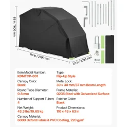 VEVOR Motorcycle Storage Shelter with Security Lock, 600D Oxford Flip-Up Garage Tent, Heavy-Duty All-Weather Motorcycle Cover with Ventilation Windows, 110 x 43 x 63 in Outdoor Vehicle Shelter, Black