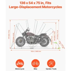 VEVOR Motorcycle Storage Shelter with Security Lock, 600D Oxford Flip-Up Garage Tent, Heavy-Duty All-Weather Motorcycle Cover with Ventilation Windows, 136x54x75 in Outdoor Vehicle Shelter, Black