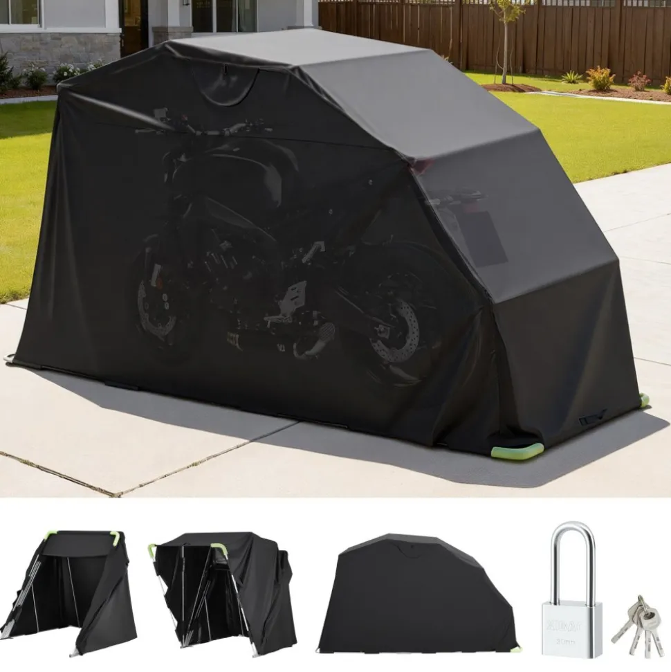 VEVOR Motorcycle Storage Shelter with Security Lock, 600D Oxford Flip-Up Garage Tent, Heavy-Duty All-Weather Motorcycle Cover with Ventilation Windows, 136x54x75 in Outdoor Vehicle Shelter, Black