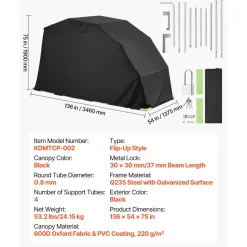 VEVOR Motorcycle Storage Shelter with Security Lock, 600D Oxford Flip-Up Garage Tent, Heavy-Duty All-Weather Motorcycle Cover with Ventilation Windows, 136x54x75 in Outdoor Vehicle Shelter, Black