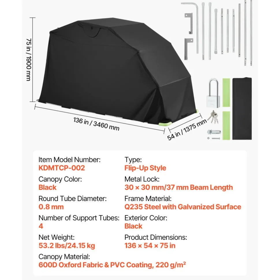 VEVOR Motorcycle Storage Shelter with Security Lock, 600D Oxford Flip-Up Garage Tent, Heavy-Duty All-Weather Motorcycle Cover with Ventilation Windows, 136x54x75 in Outdoor Vehicle Shelter, Black