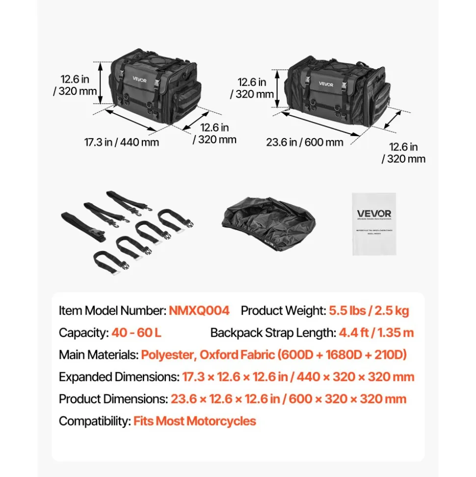 VEVOR Motorcycle Tail Bag, 22-34 L Expandable Motorcycle Rear Seat Bag with Waterproof Rain Cover, Outdoor Sports Motorbike Luggage Storage Backpack Handbag with Straps, Pocket & Elastic Cord, Black