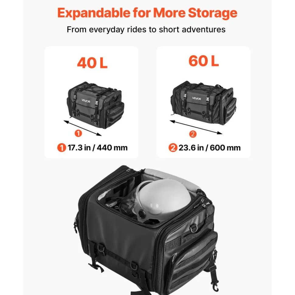 VEVOR Motorcycle Tail Bag, 22-34 L Expandable Motorcycle Rear Seat Bag with Waterproof Rain Cover, Outdoor Sports Motorbike Luggage Storage Backpack Handbag with Straps, Pocket & Elastic Cord, Black