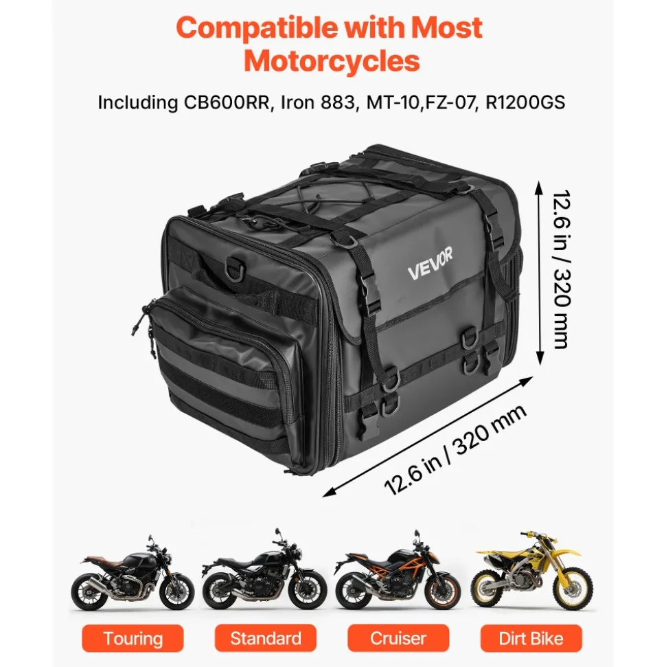 VEVOR Motorcycle Tail Bag, 22-34 L Expandable Motorcycle Rear Seat Bag with Waterproof Rain Cover, Outdoor Sports Motorbike Luggage Storage Backpack Handbag with Straps, Pocket & Elastic Cord, Black