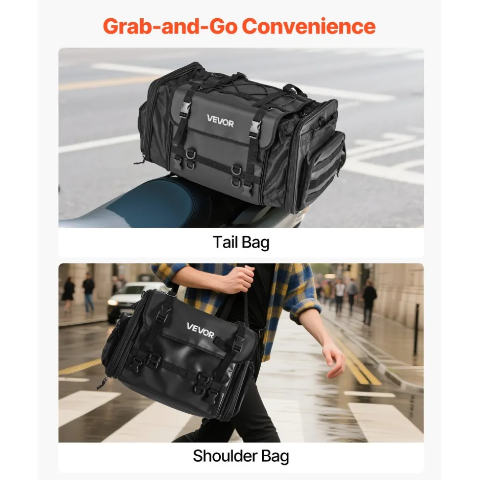 VEVOR Motorcycle Tail Bag, 22-34 L Expandable Motorcycle Rear Seat Bag with Waterproof Rain Cover, Outdoor Sports Motorbike Luggage Storage Backpack Handbag with Straps, Pocket & Elastic Cord, Black
