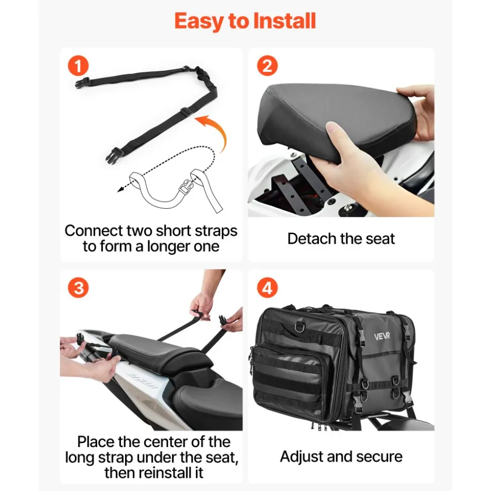 VEVOR Motorcycle Tail Bag, 22-34 L Expandable Motorcycle Rear Seat Bag with Waterproof Rain Cover, Outdoor Sports Motorbike Luggage Storage Backpack Handbag with Straps, Pocket & Elastic Cord, Black