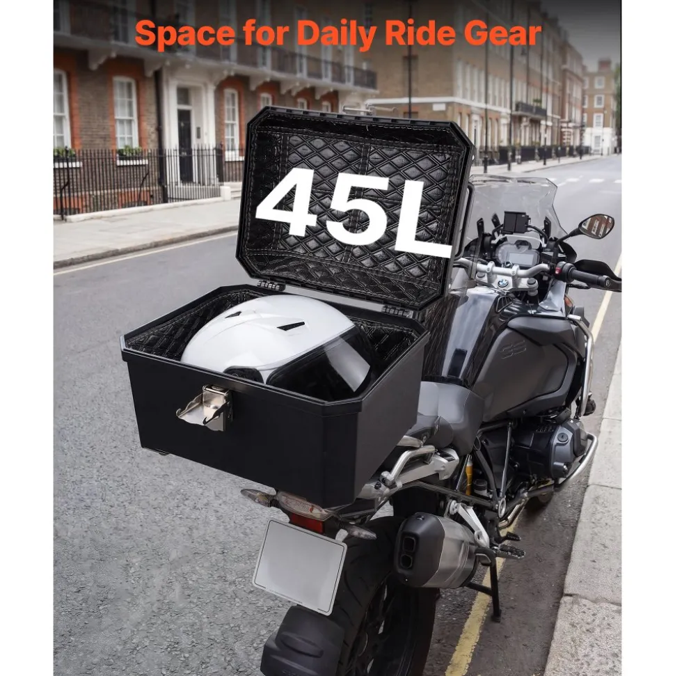 VEVOR Motorcycle Top Case 45L Universal Waterproof ABS Motorcycle Tail Case, Detachable Motorbike Top Box with Security Lock & Leather Liner for Luggage Storage