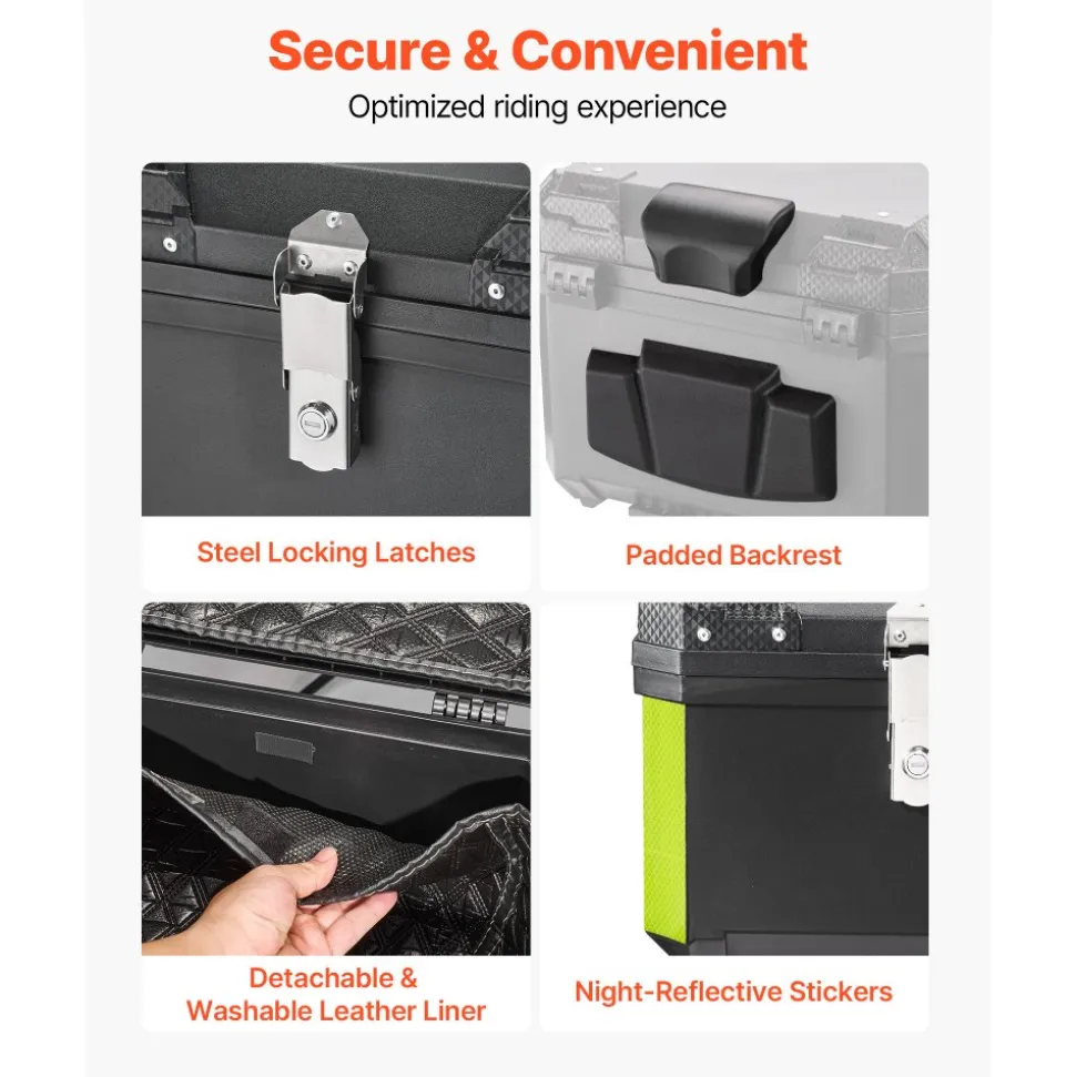 VEVOR Motorcycle Top Case 45L Universal Waterproof ABS Motorcycle Tail Case, Detachable Motorbike Top Box with Security Lock & Leather Liner for Luggage Storage