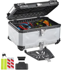 VEVOR Motorcycle Top Case, 65L Universal Aluminum Hard Motorcycle Tail Case, Waterproof Detachable Motorbike Top Box with Security Lock & Leather Liner for Helmets Storage