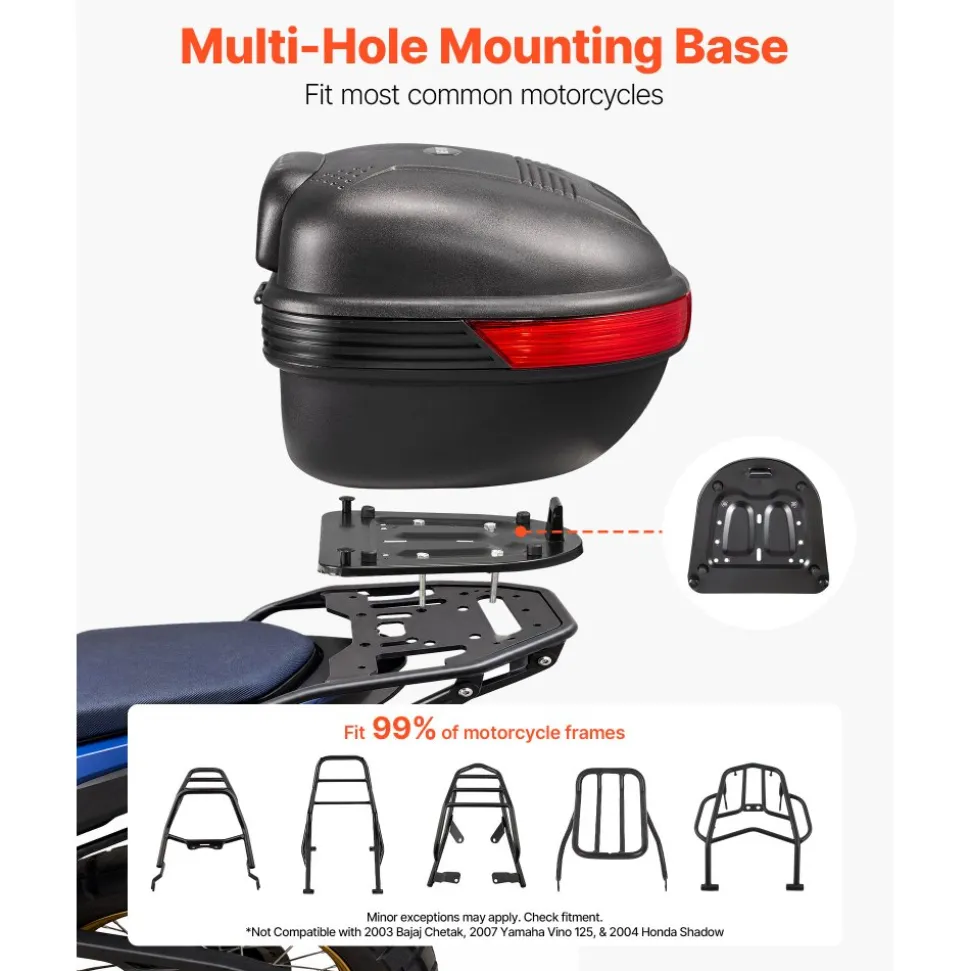VEVOR Motorcycle Top Case 30L Universal Waterproof PP Motorcycle Tail Case, Detachable Motorbike Top Box with Security Lock & Backrest for Luggage Storage