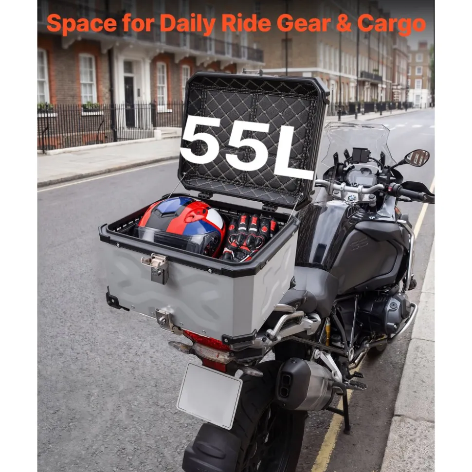 VEVOR Motorcycle Top Case 55L Universal Aluminum Hard Motorcycle Tail Case, Waterproof Detachable Motorbike Top Box with Security Lock & Leather Liner for Luggage Storage