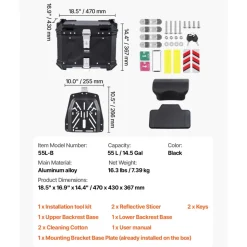 VEVOR Motorcycle Top Case, Universal Aluminum Alloy Motorbike Tail Box with Leather Lining, 55L Waterproof Detachable Motorcycle Top Box with Lock & Back Cushion, Fit for 99% of Motorcycle Frames