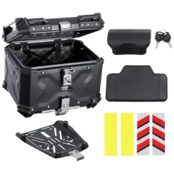 VEVOR Motorcycle Top Case, Universal Aluminum Alloy Motorbike Tail Box with Leather Lining, 55L Waterproof Detachable Motorcycle Top Box with Lock & Back Cushion, Fit for 99% of Motorcycle Frames