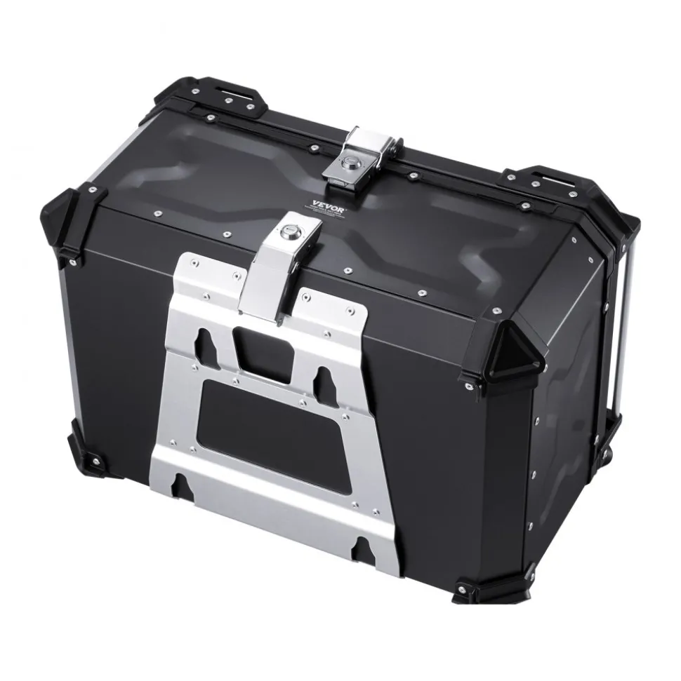 VEVOR Motorcycle Top Case, Universal Aluminum Alloy Motorbike Tail Box with Leather Lining, 65L Waterproof Detachable Motorcycle Top Box with Lock & Back Cushion, Fit for 99% of Motorcycle Frames
