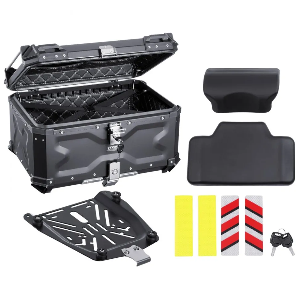 VEVOR Motorcycle Top Case, Universal Aluminum Alloy Motorbike Tail Box with Leather Lining, 65L Waterproof Detachable Motorcycle Top Box with Lock & Back Cushion, Fit for 99% of Motorcycle Frames