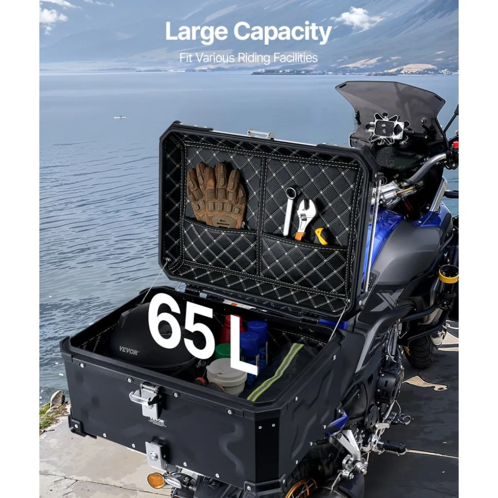 VEVOR Motorcycle Top Case, Universal Aluminum Alloy Motorbike Tail Box with Leather Lining, 65L Waterproof Detachable Motorcycle Top Box with Lock & Back Cushion, Fit for 99% of Motorcycle Frames