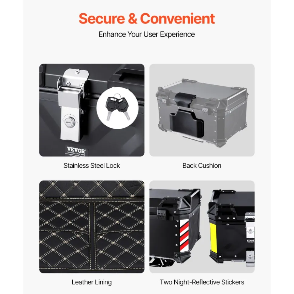 VEVOR Motorcycle Top Case, Universal Aluminum Alloy Motorbike Tail Box with Leather Lining, 65L Waterproof Detachable Motorcycle Top Box with Lock & Back Cushion, Fit for 99% of Motorcycle Frames