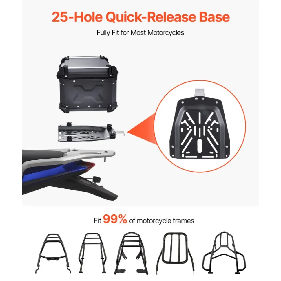 VEVOR Motorcycle Top Case, Universal Aluminum Alloy Motorbike Tail Box with Leather Lining, 65L Waterproof Detachable Motorcycle Top Box with Lock & Back Cushion, Fit for 99% of Motorcycle Frames