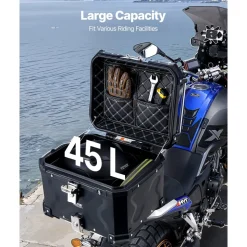 VEVOR Motorcycle Top Case, Universal Aluminum Alloy Motorbike Tail Box with Leather Lining, 45L Waterproof Detachable Motorcycle Top Box with Lock & Back Cushion, Fit for 99% of Motorcycle Frames