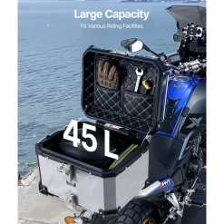 VEVOR Motorcycle Top Case, Universal Aluminum Alloy Motorbike Tail Box with Leather Lining, 45L Waterproof Detachable Motorcycle Top Box with Lock & Back Cushion, Fit for 99% of Motorcycle Frames