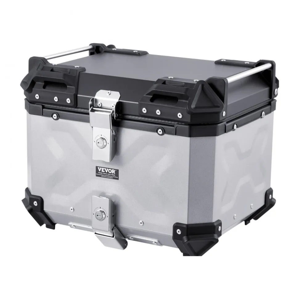 VEVOR Motorcycle Top Case, Universal Aluminum Alloy Motorbike Tail Box with Leather Lining, 45L Waterproof Detachable Motorcycle Top Box with Lock & Back Cushion, Fit for 99% of Motorcycle Frames